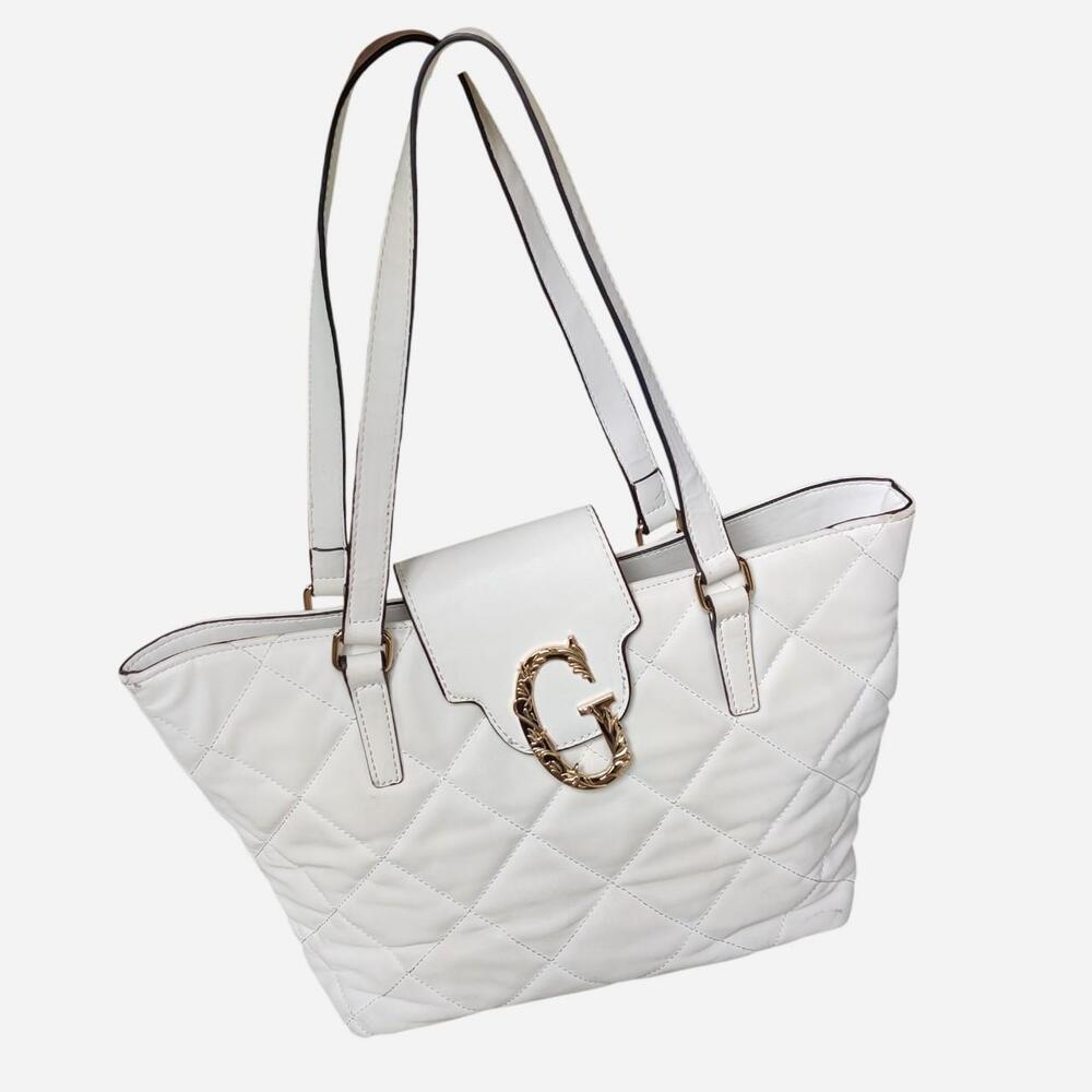 Guess White Quilted faux leather tote bag with gold hardware